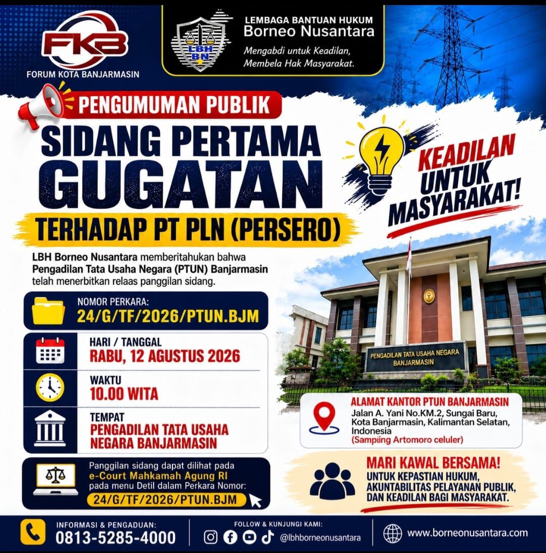 Sidang Pertama Gugatan terhadap PLN Digelar di PTUN Banjarmasin Besok